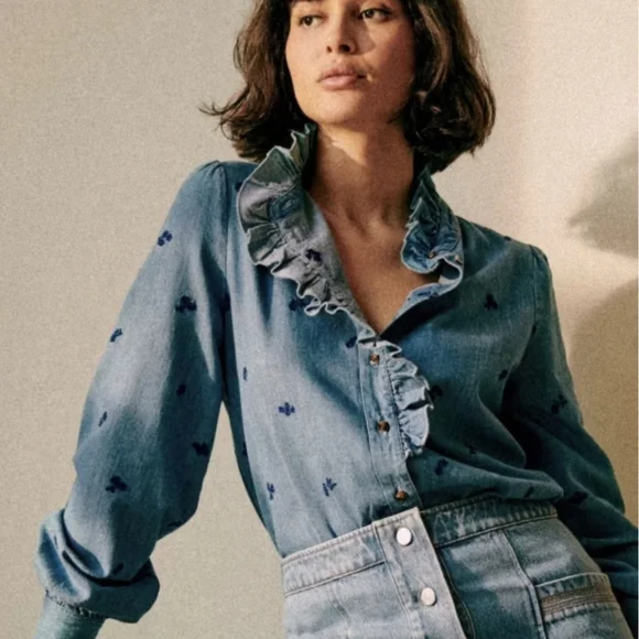 Blue Ruffled Button-Up Blouse - Picture 6 of 6